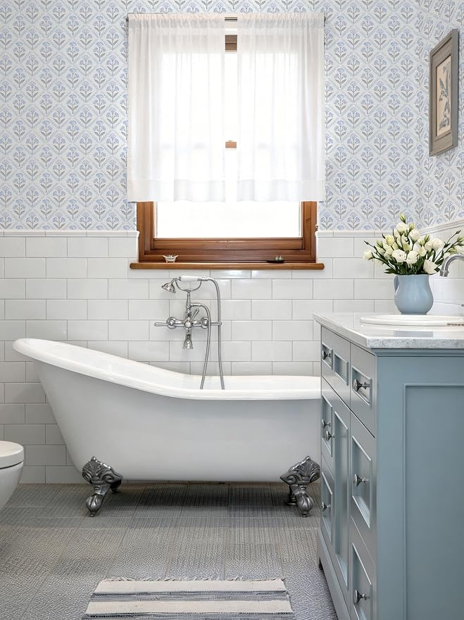 Dimoon Blue Peel and Stick Wallpaper Retro Floral Contact Paper Vintage Boho Cute Wallpaper Renter Friendly Removable Geometric Wall Paper for Bathroom Kitchen Textured Vinyl 17.3''x197''
