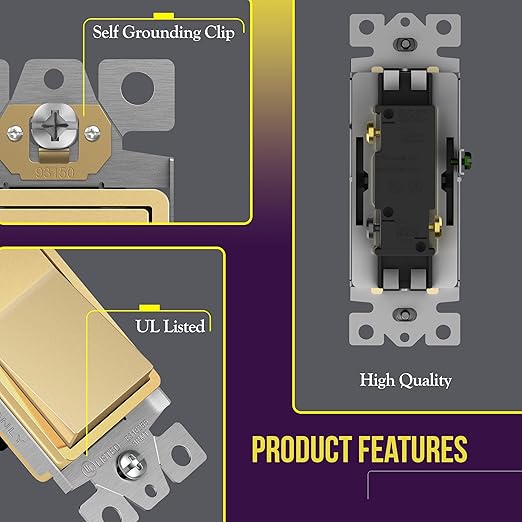 ENERLITES 3-Way Decorator Paddle Light Switch, Gloss Finish, Single Pole or Three Way, 3 Wire, Grounding Screw, Residential Grade, 15A 120V/277V, UL Listed, 93150-GD-10PCS, Gold, (10 Pack)
