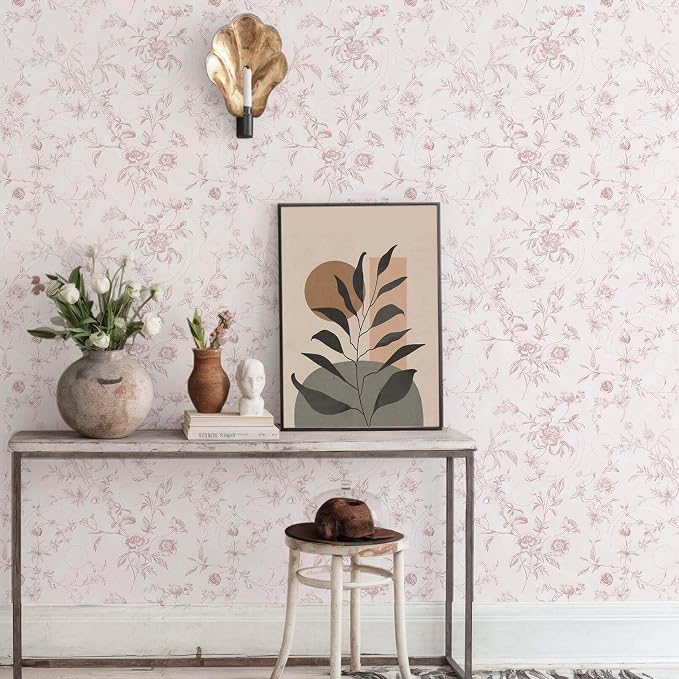 Ismoon Floral Wallpaper Peel and Stick Pink Stick on Wall Paper Vintage French Contact Paper for Cabinet Textured Removable Self Adhesive Wallpaper Vinyl Roll Shelf Deco, 17.3x787in