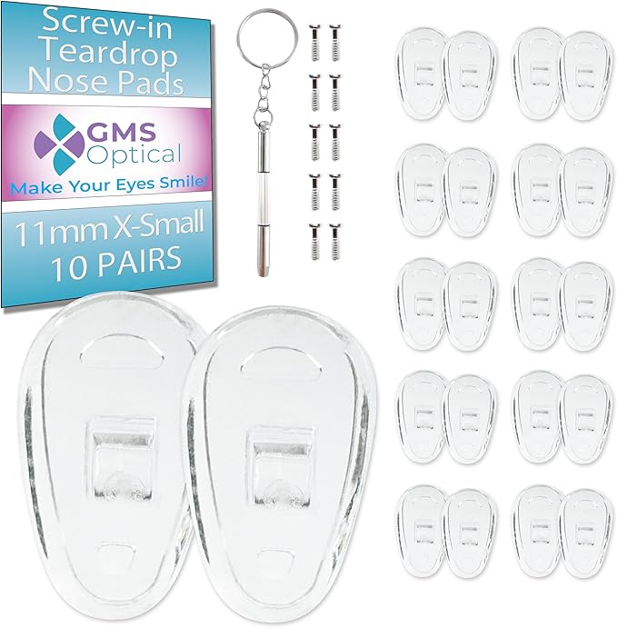 GMS Optical Screw-in Silicone Nose Pads for Glasses | 11mm Extra Small | Non Slip Nose Grips for Sunglasses, Eyeglass Accessories for Kids & Small Frames w/Screws & Screwdriver (10 Pairs, Clear)