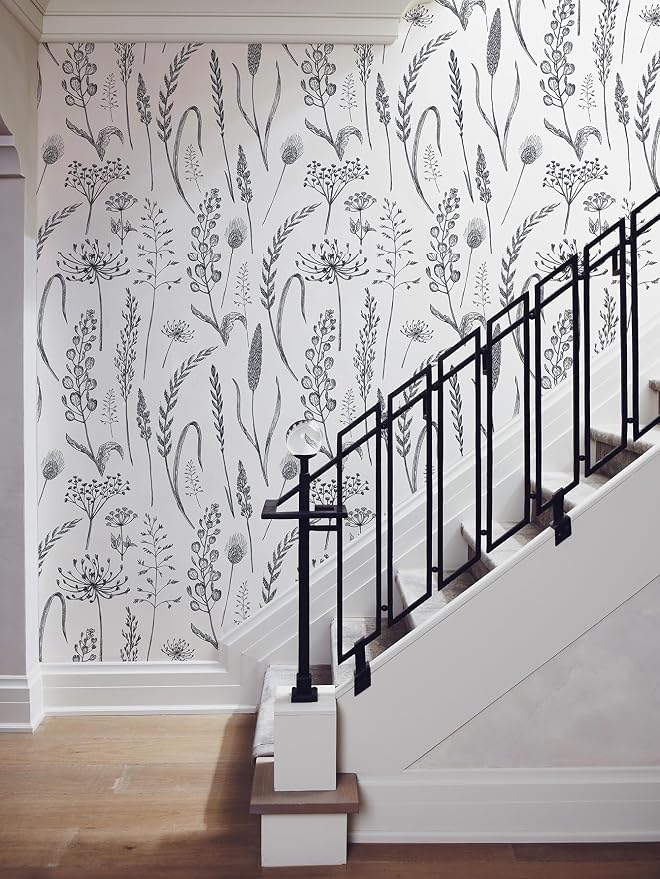 JiffDiff Peel and Stick Wallpaper Farmhouse Vintage Floral Contact Paper Wheat Meadow Removable Self Adhesive Wallpaper Black and White (56 sq.ft)