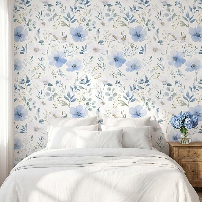 Light Blue Floral Peel and Stick Wallpaper, 17.7in x 393.7in | Self-adhesive and removable watercolor flower design for bedroom, living room, and accent wall