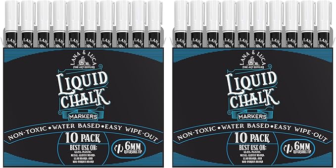 LANA & LUCA Liquid Chalk Marker Pen - White Dry Erase Marker - Chalkboard Markers for Signs, Windows, Blackboard, Glass - Reversible Tip (6mm, 20 Pack)