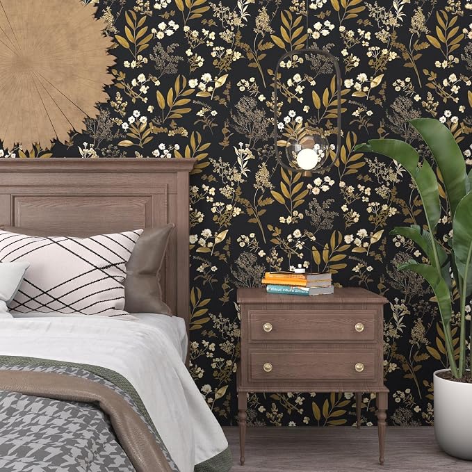 Laatse Black Gold Wallpaper Peel and Stick Dark Floral Wallpaper 17.5in x 118in Vintage Leaf Contact Paper Vinyl Waterproof Self Adhesive Boho Botanical Wall Paper for Bedroom Cabinet Décor