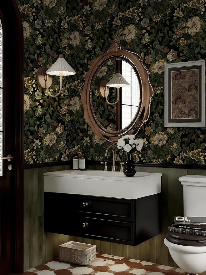 Dimoon 17.3"x393" Dark Wallpaper Peel and Stick Moody Vintage Victorian Floral Contact Paper Green Gothic Wallpaper for Bedroom Flower Leaf Yellow Renter Friendly Wall Paper Removable Vinyl Roll
