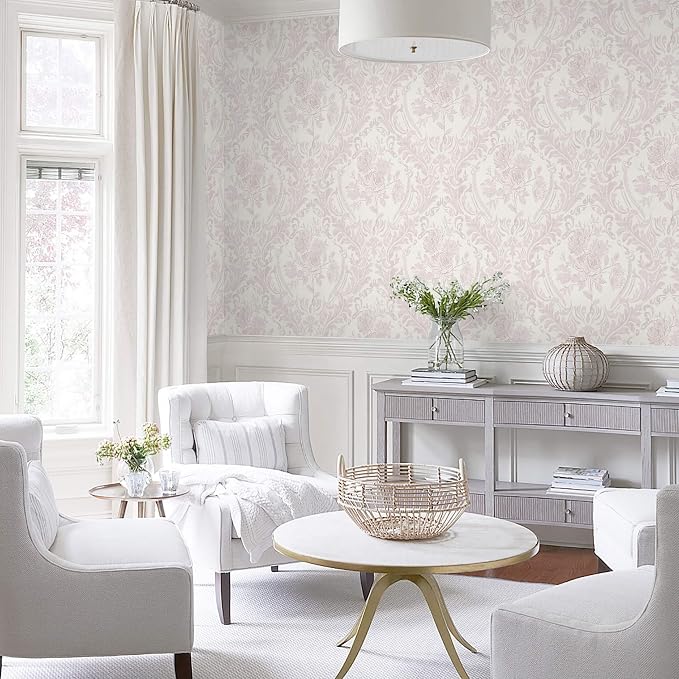 Ismoon Peel and Stick Wallpaper Vintage Floral Contact Paper Boho Watercolor Pink Damask Wallpaper Textured Removable Self Adhesive Vinyl Wall Paper for Bedroom, 17.3 in X 16.4ft