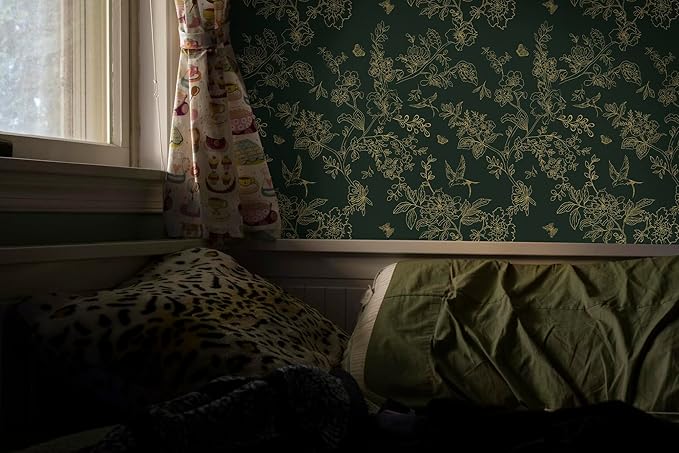 Froluya Dark Green and Gold Wallpaper Floral Peel and Stick Wallpaper 17.7"x196.8" Vintage Floral Contact Paper Peel and Stick Flowers Birds Removable Self Adhesive Wall Paper for Bedroom Cabinets