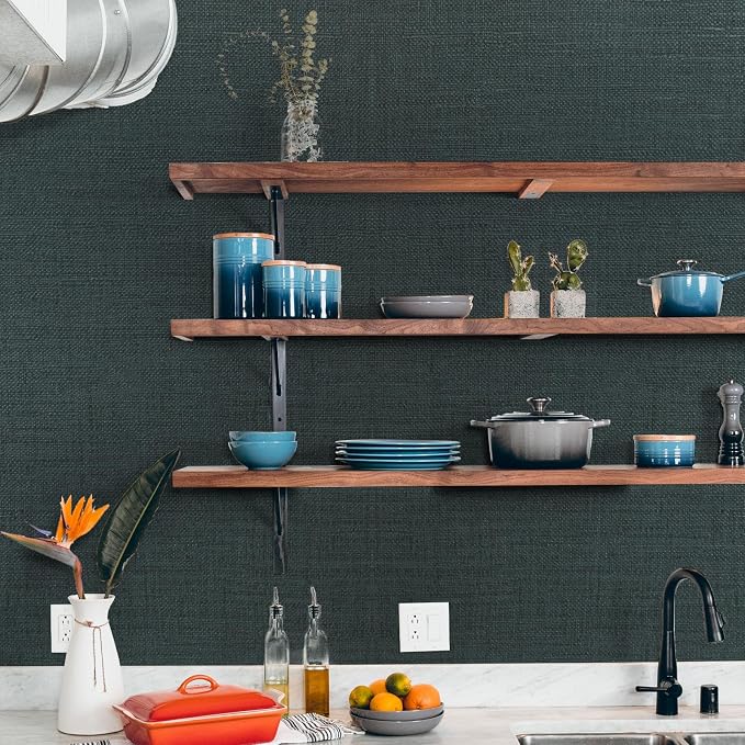 WADILE Grasscloth Peel and Stick Wallpaper 23.6in x 236in, Textured Contact Paper for Cabinets, Faux Linen Wall Paper Pull and Stick, Fabric Vinyl Wallpaper Self Adhesive Blackish Green | Textured contact paper, Faux linen, Vinyl material, Cabinets, Se...