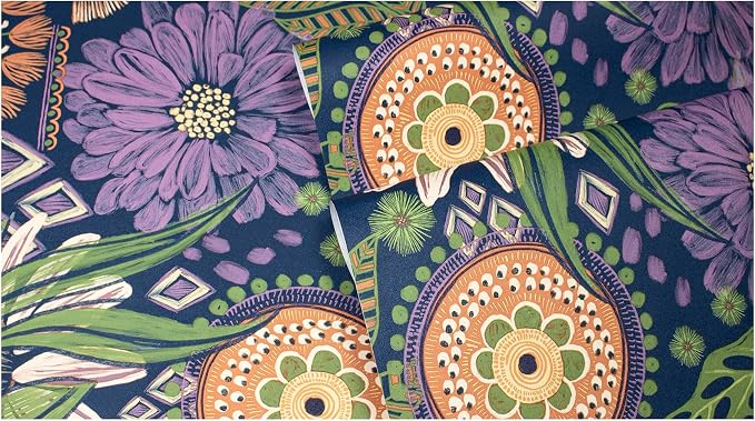 HAOKHOME Peel and Stick Wallpaper Boho Navy Purple Terracotta Retro Floral | Renter Friendly Removable Textured Vintage Moody Botanical Wall Paper for Bathroom Bedroom Accent Wall Decor 17.3in x 9.8ft