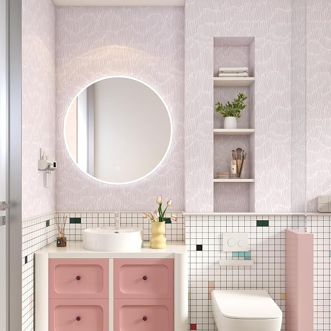 Theper Pink Contact Paper Striped Peel and Stick Wallpaper Boho 17.3"×78.8" | Simple Modern Removable Self Adhesive Wallpaper for Bedroom Cabinets Waterproof White and Pink Wall Paper Vinyl Roll