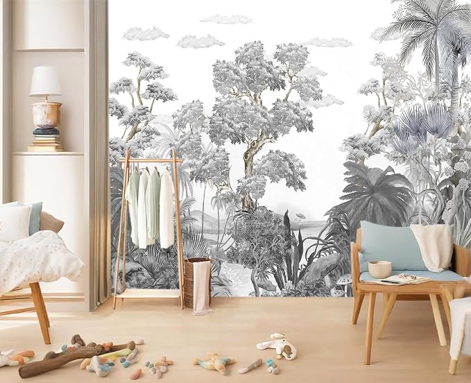 YIHWM-Peel and Stick Tropical Rainforest Wallpaper Grey Jungle Plants Mural | Tear-resistant,with a substantial feel;Will not be damaged during repositioning.Bathroom,Bedroom wallpaper.L-137"x96"