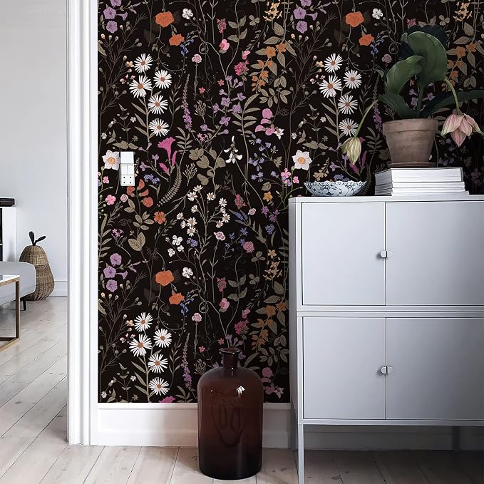 Wallpaper Self-Adhesive Blooming Vintage Colourful Flowers Wall Paper for Bedroom Living Room Cabinet, Peel and Stick Beige Sketch Little Flowers Wallpaper Mural 25.8sq. feet (236.2"x17.3", Black)