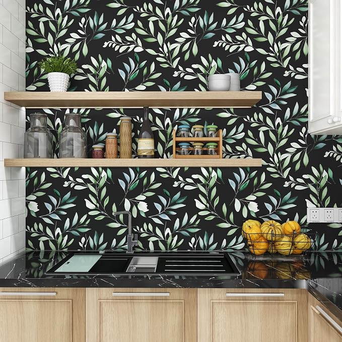 Danodoi Black Green Vintage Leaves Peel and Stick Wallpaper 17.5" x 393" | Waterproof Vinyl Self Adhesive Removable Renter Friendly Floral Contact Paper