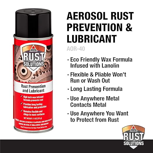 AGS Rust Solutions Rust Prevention and Lubricant Aerosol, 11 oz Rust Treatment Spray, Rust Inhibitor and Rust Cleaner, Advanced Corrosion Remover Spray Lubricant