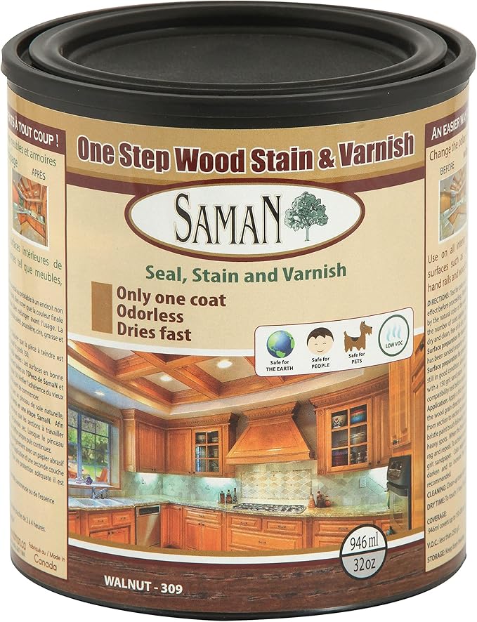 SamaN Interior One Step Wood Seal, Stain and Varnish – Oil Based Odorless Dye - Protection for Furniture and Fine Wood (Walnut SAM-309, 32 oz)