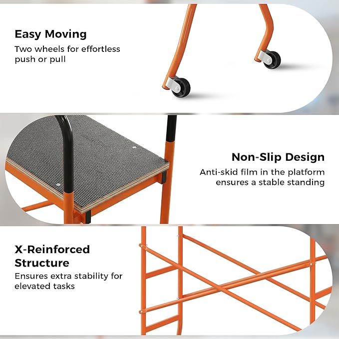 HOMCOM 4-Step Steel 4.6 x 2 x 6 ft. Scaffold 2 Wheels Free Moving for Indoor & Outdoor Decoration Anti-Skid, 440 Pound Capacity, Orange