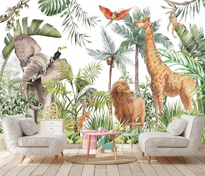 Jdayda Safari Wallpaper Hand Painted Elephants Giraffes Monkeys | 170"x120" Lions Tropical Palm Trees Jungle Forest Wall Mural for Bedroom Living Room Baby Nursery