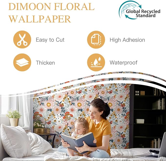 Dimoon Floral Wallpaper Peel and Stick Wallpaper Boho Retro Contact Paper 17.3''x197'' White Bohemian Vintage Removable Wall Paper Renter Friendly Waterproof Wall Mural Bedroom Bathroom Vinyl