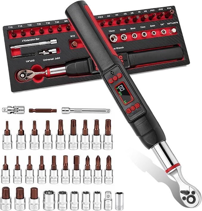 1/4" Digital Torque Wrench Set, 0.74-48 Ft-Lb(1-65Nm), ±2% CW Accuracy, Peak & Track Mode, Backlit LCD, 4" Extension Bar, Adapter, Universal Joint, Sockets Bits for Bicycle Motorcycle Auto DIY Repair