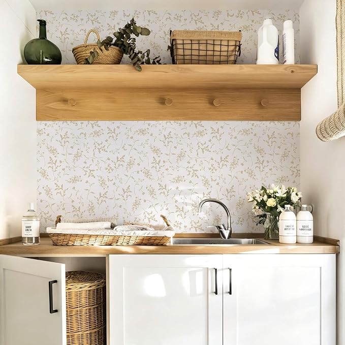 Ismoon Floral Wallpaper Peel and Stick Beige Neutral Contact Paper Wildflowers Leaf Stick on Wall Paper Textured Removable Self Adhesive Vinyl Wallpaper for Bedroom Bahtroom Wall Decor 17.3x196in