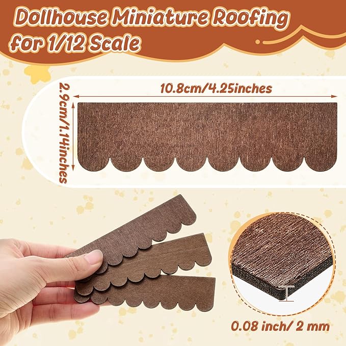 Wenqik 150 Strips Dollhouse Roof Shingles 4.25 x 1.14 Inches Each Mini Fish Scale Wooden Dollhouse Miniature Roofing for 1: 12 Scale Doll House Projects DIY Miniature Landscapes (Brown)