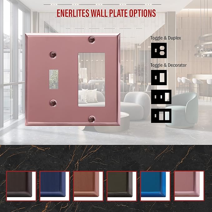ENERLITES Combination Toggle Switch and Decorator Receptacle Metal Wall Plate, Corrosion-Resistant, Stainless Steel 201, Standard Size 2-Gang 4.50" x 4.57", UL Listed, 771131-PRG, Polished Rose Gold