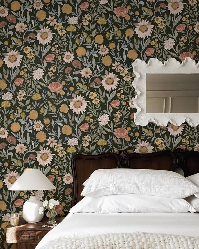 Dimoon Vintage Peel and Stick Wallpaper Boho Dark Floral Contact Paper 17.3''x394'' Retro Rustic Pink Removable Wall Paper Renter Friendly Texture Black Wallpaper for Bedroom Bathroom Cabinets Vinyl