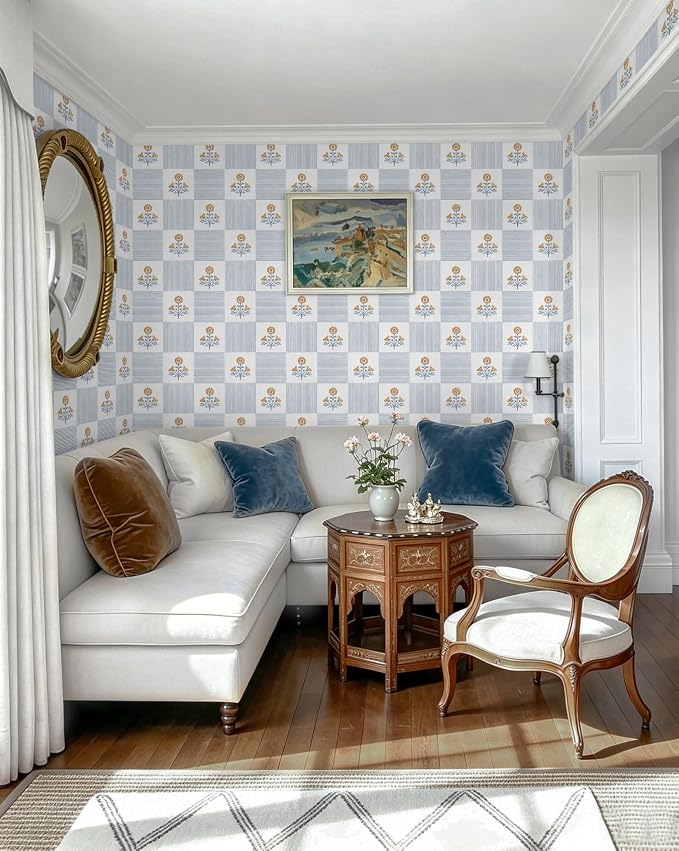 Guvana Blue Floral Peel and Stick Wallpaper Vintage Floral Wallpaper Boho Wall Paper Removable Modern Contact Paper Vinyl Self Adhesive for Bedroom Bathroom Kitchen Livingroom Covering 17.3" x 78.7"