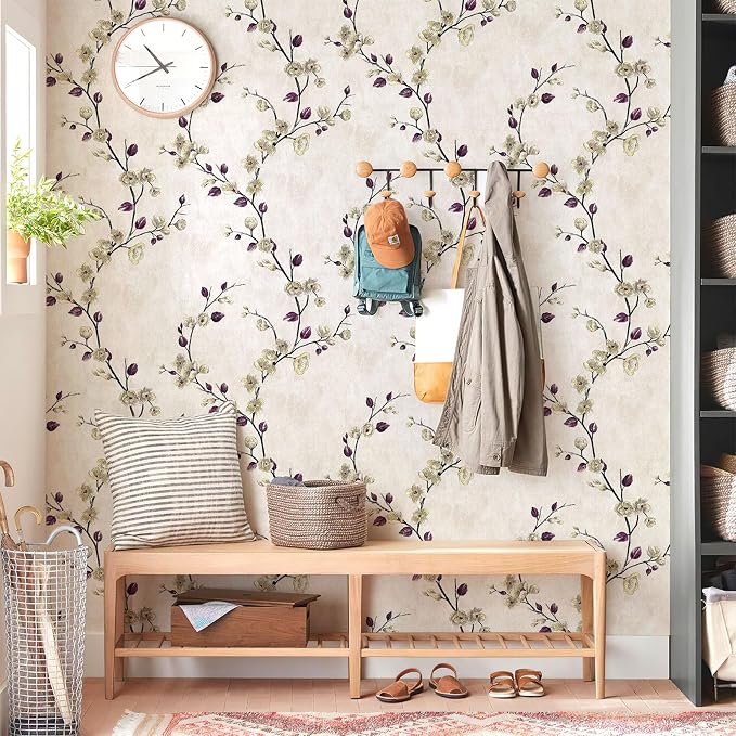 Floral Peel and Stick Wallpaper Flower Tree Contact Paper A Set of 17.5"x1200" Self Adhesive Removable Modern Beige Wall Paper Decorative Wall Covering Countertop Vinyl Film Roll