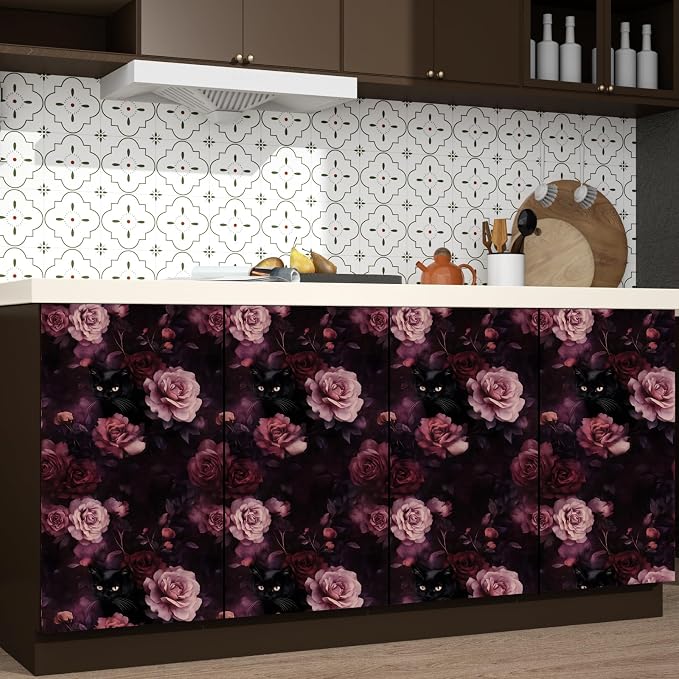Purple Pink Vintage Cat Peel and Stick Wallpaper 17.5" x 118" | Waterproof Vinyl Self Adhesive Removable Renter Friendly Floral Contact Paper