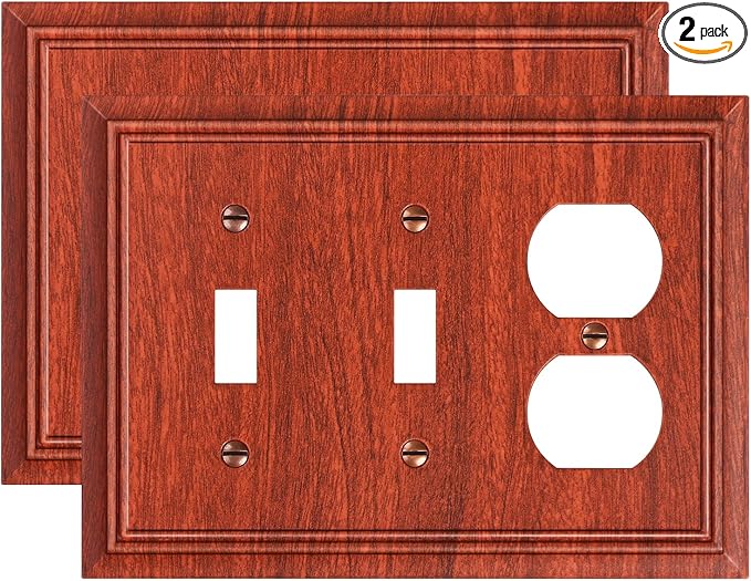 2-Pack Combo Double Toggle/Duplex Outlet Covers, Wood Grain Switch Plates and Outlet Covers, Natural Bamboo Fiber Wall Plates for Electrical Outlets, 3 Gang Receptacle Cover, Corrosion Resistant
