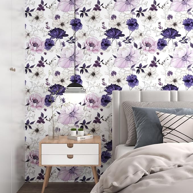 Floral Botanical Peel and Stick Wallpaper 17.5" x 393",White/Purpel | Self Adhesive/Removable/Waterproof/Thick Vinyl Contact Paper for Bathroom Bedroom Shelf Cabinet Drawer,Prepasted,Easy Peel