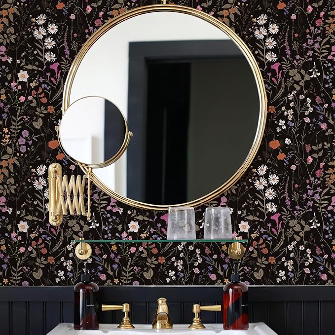 JiffDiff Floral Wallpaper Peel and Stick- Farm Wildwood Daisy Flower Stick on Wallpaper Dark Floral Self Adhesive Contact Paper (17.3" x 118", Timeless)