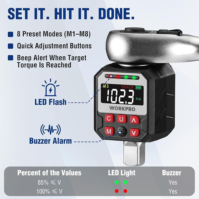 WORKPRO 1/2" Drive Digital Torque Adapter, 7.38-147.5 ft-lb (10-200 Nm), Electronic Torque Wrench Adapter with Buzzer Alert, 1/4" & 3/8" Adapters, Batteries & Case Included