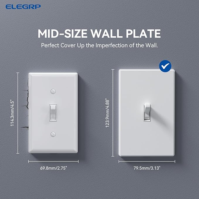 ELEGRP 1-Gang Screwless Toggle Switch Wall Plates, Mid-Size Unbreakable Thermoplastic Faceplate Cover for Wall Switch & Toggle Dimmer Switch, UL Listed (1 Pack, Matte White)