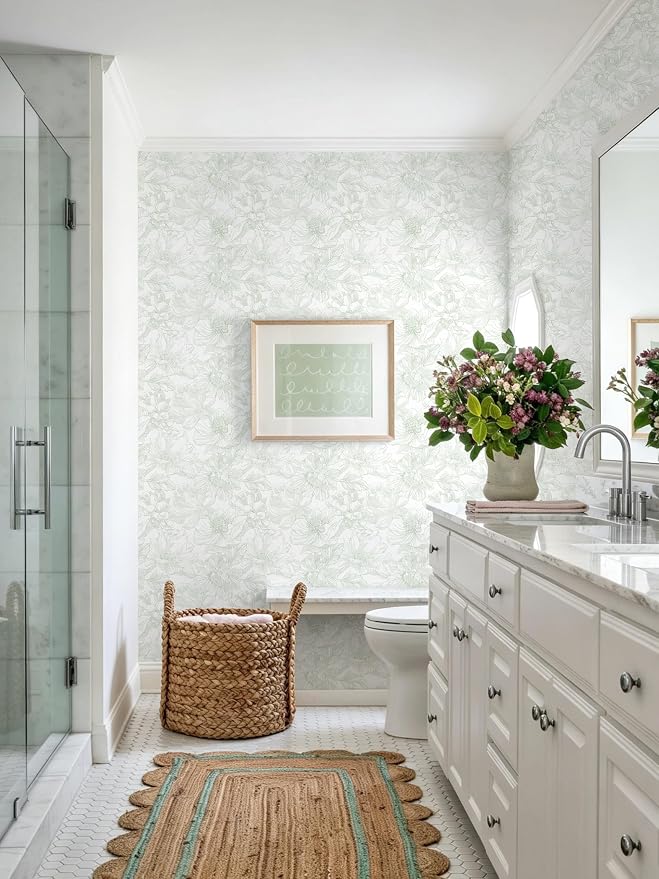 78.7"x17.3" Peel and Stick Wallpaper Green Floral Wallpaper White Boho Modern Contact Paper Removable Self Adhesive Flower Wall Paper for Kitchen Bathroom Bedroom Cabinets Thicken Vinyl Roll