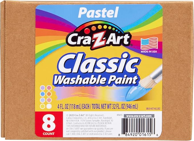 Cra-Z-Art Classic Washable Paint 4oz 8ct Pastels, Vibrant Colors for Arts & Crafts, School Projects, Creative Play & More! Made in USA