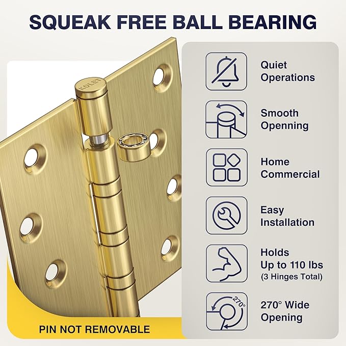 KOLET Ball Bearing Brushed Gold Door Hinges, 4 x 4 Inches Brass Gold Door Hinges, Square Corner, Stainless Steel Hinges, Heavy Duty, Smooth and Non Removable Pin, Brushed Gold, 3 Pack