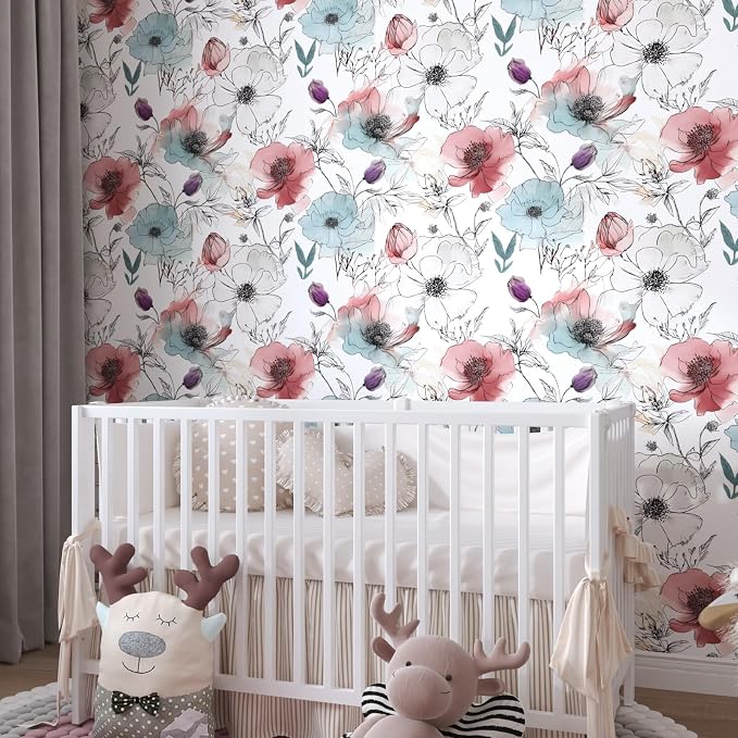Blue Pink Watercolor Floral Peel and Stick Wallpaper 17.5"x393" | Self Adhesive/Removable/Waterproof/Thick Vinyl Vintage Contact Paper for Bathroom Bedroom Shelf Cabinet Drawer,Prepasted