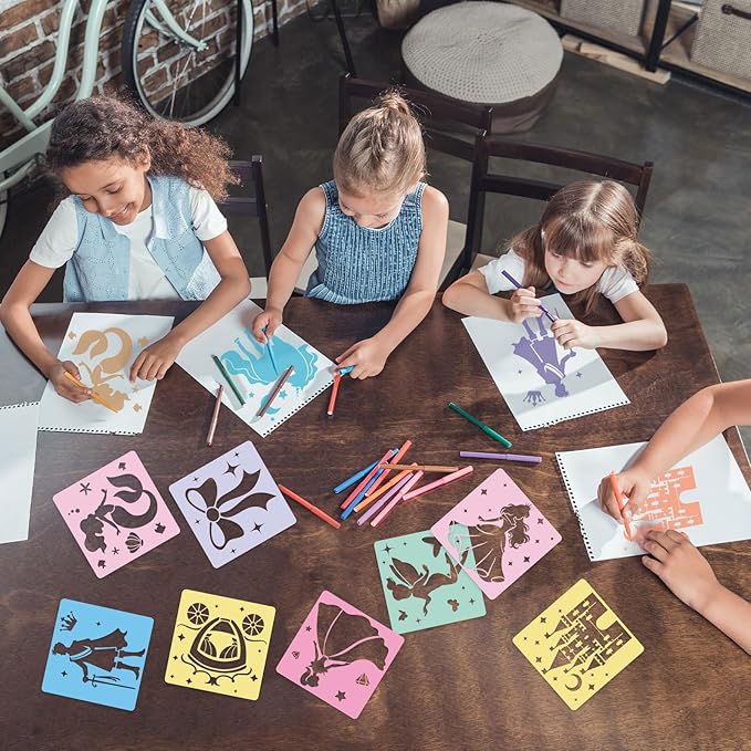 36Pcs Princess Drawing Stencils for Kids 8 Inch Reusable Fairy Sidewalk Chalk Stencil Large Fairytale Castle Stencils Princess Theme Primary Shape Template for Kids Toddlers Drawing Wall Home