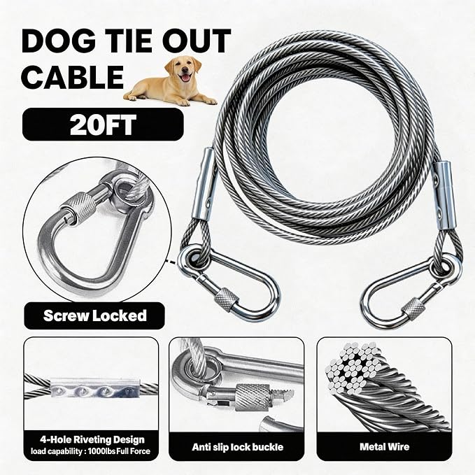 Heavy Duty Dog Tie Out Stake with Shock Absorbing Spring, 20ft Cable, 304 Stainless Steel Anchor, 2x360° No Tangle Swivel for Large Medium Small Dogs, Yard & Camping (Stake/20ft Cable/250lbs)