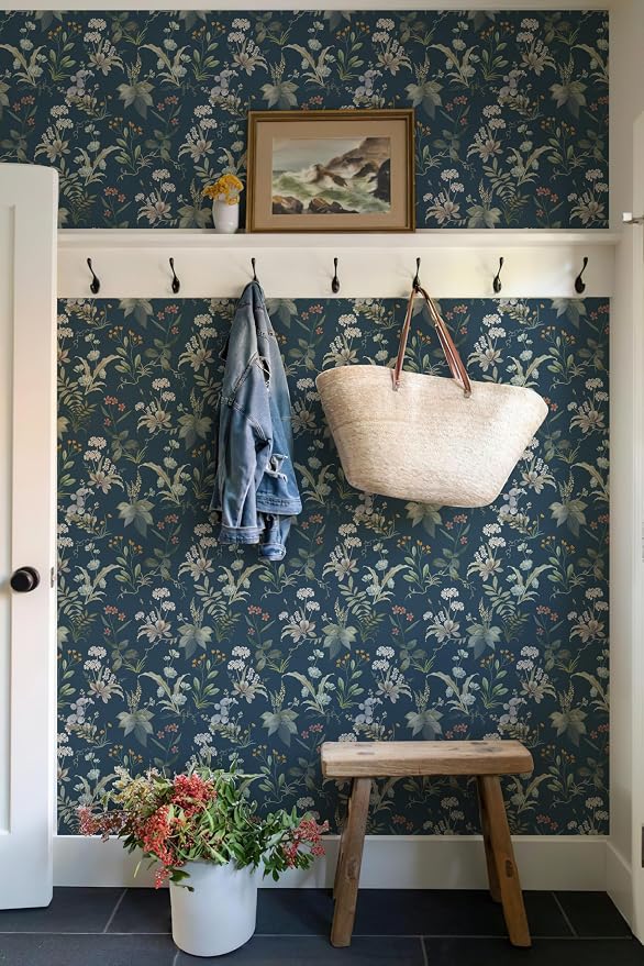 Simon&Siff Vintage Floral Peel and Stick Wallpaper 480" x 17.3" | Blue Botanical Contact Paper, Self Adhesive Removable Waterproof Wall Paper, Renter Friendly, Bedroom Cabinets DIY Decor