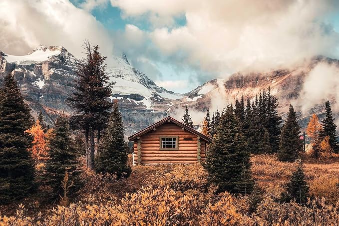 Toolhom Assiniboine Mountain Chalet Mural in Autumn Forest | 127"x77" non-self-adhesive for Living Room, Dining Room, Bathroom Backdrop Decoration