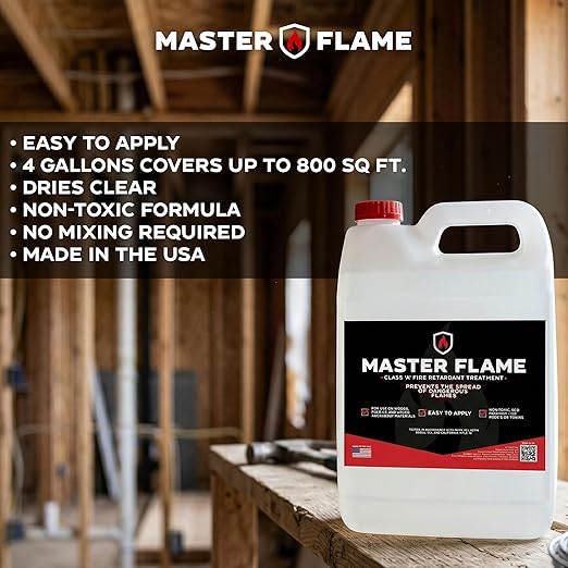 Master Flame Class A Fire Retardant Spray for Wood, Fabric, Cotton & More - Non-Toxic Flame Retardant Coating - Meets NFPA 701 & ASTM E84 - Made in USA - Easy to Apply and Dries Clear - 4 Gallon Case