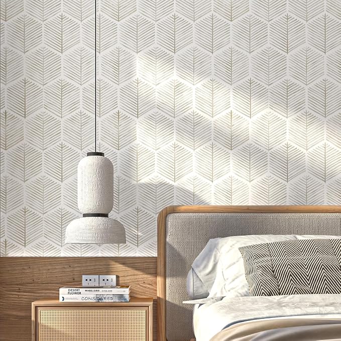 MelunMer Geometric Peel and Stick Wallpaper Boho Beige White 17.3''×276'' | Beige Modern Self Adhesive Removable Wallpaper for Bathroom Waterproof Cabinets Drawer, Decor Easy to Install Renter Friendly