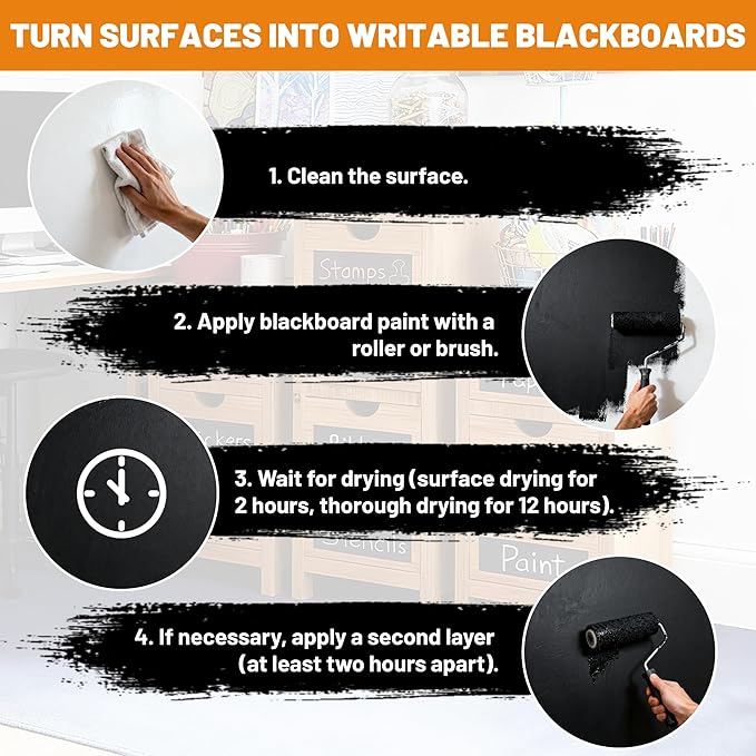 Black Chalkboard Paint - Matte Black Chalk Board Paint, 33.8 Fl Oz Easy to Apply & Brush-On Interior DIY Acrylic Coating, Chalkboard Finish for Wood, Metal, Furniture, Wall, Craft Covers 64 Sq Ft