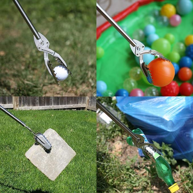 FTH Stainless Steel Grabber Reacher Pickup Tool Heavy Duty Trash Picker 48" | Log BBQ fireplace pits snake tongs plogging tool no wire design outdoor yard cleanup litter picker leaves branches sticks