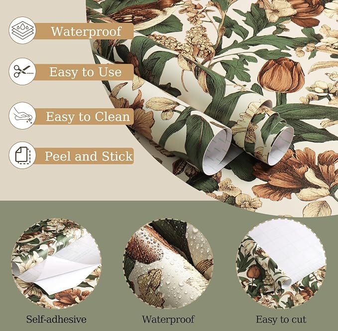 Erfoni 17.3" x118" Floral Birds Wallpaper Vintage Floral Peel and Stick Wallpaper Decoration DIY Self Adhesive Contact Paper Removable Wall Paper for Bedroom Cabinets Covering Boho Flower Leaf Beige