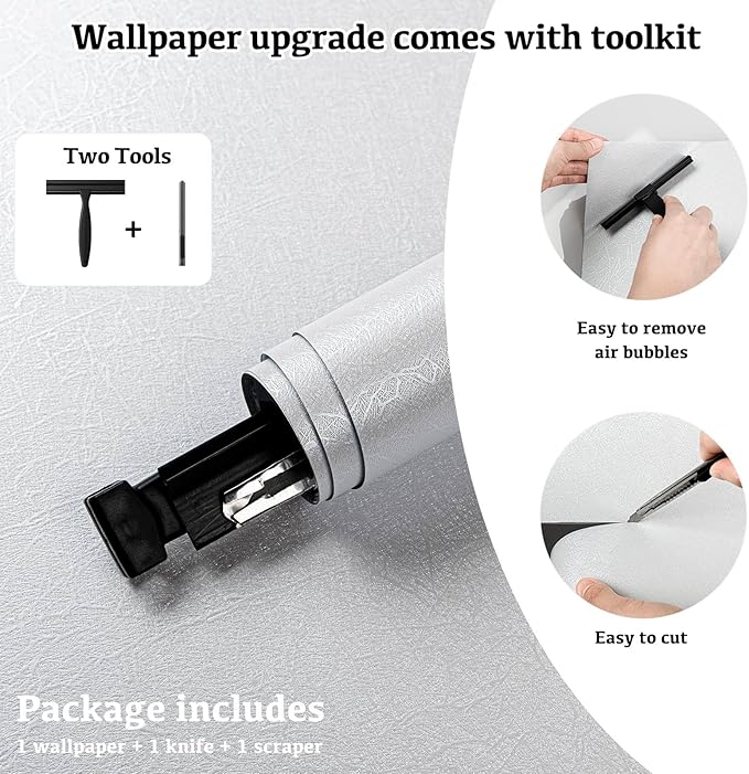 White Textured Wallpaper Peel and Stick Silk Embossed Vinyl Contact Paper | 15.7" X 118" Removable Self Adhesive Wall Vinyl Wrap Covering for Bedroom with Scraper, Paper Cutter