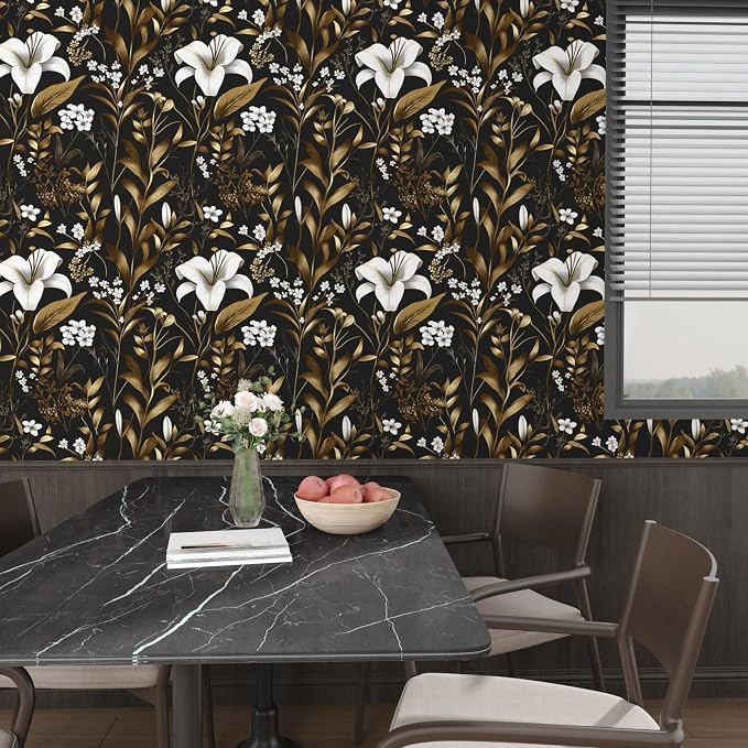 Vintage Dark Black Golden Floral Peel and Stick Wallpaper 17.5"x787" | Self Adhesive/Removable/Waterproof/Thick Vinyl Extra Long Contact Paper for Bathroom Bedroom Shelf Cabinet Drawer,Prepasted